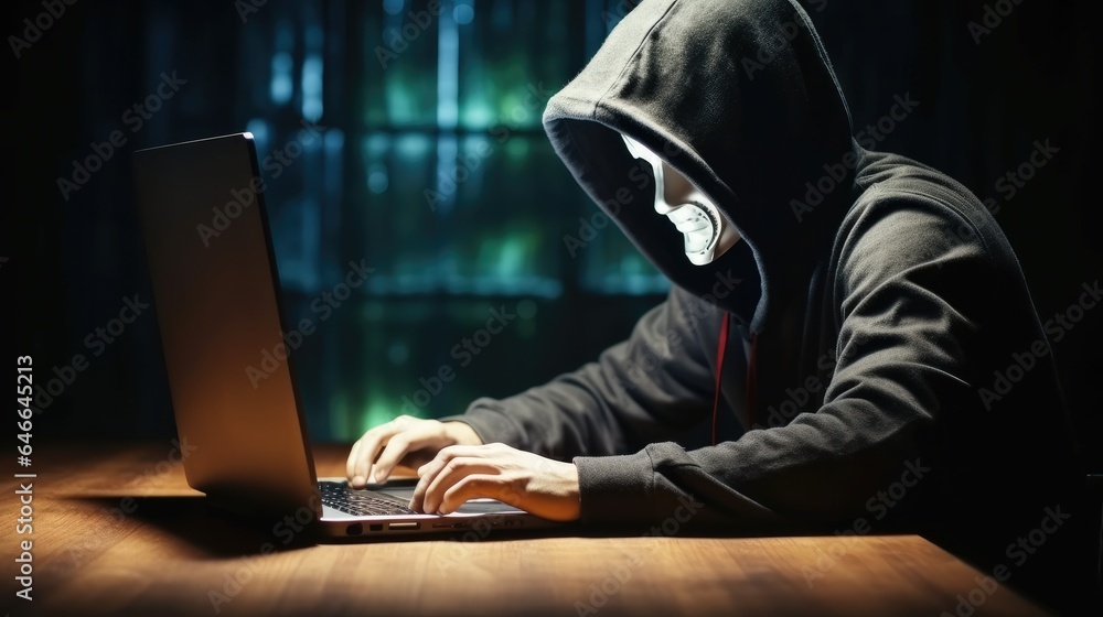 Aufkleber black hat hacker in hood using tablet to hacking privacy sensitive data, cyber crime, cyber security