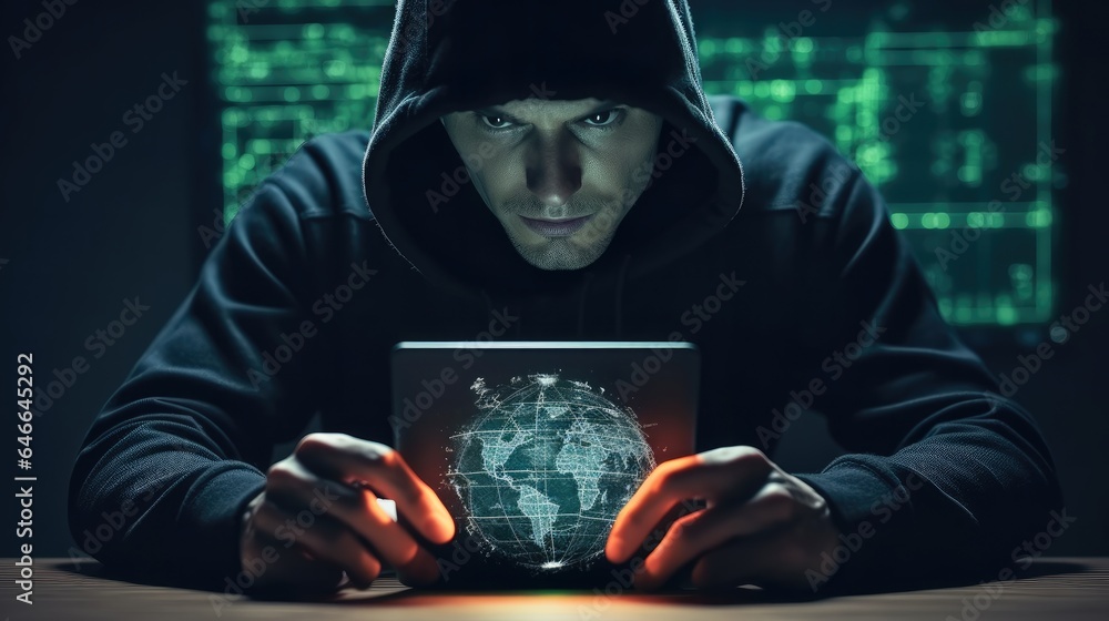 Poster black hood hacker force demands ransom by holding out his hand on table where sensitive data is hack