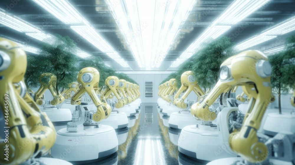 Aufkleber multiple numbers of robotic arms working together cloning trees at futuristic factory.