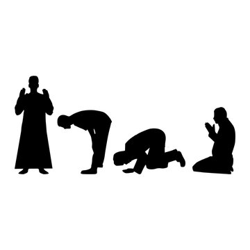 Silhouette Of Muslim Man Praying, Kneeling And Praying Vector Illustration