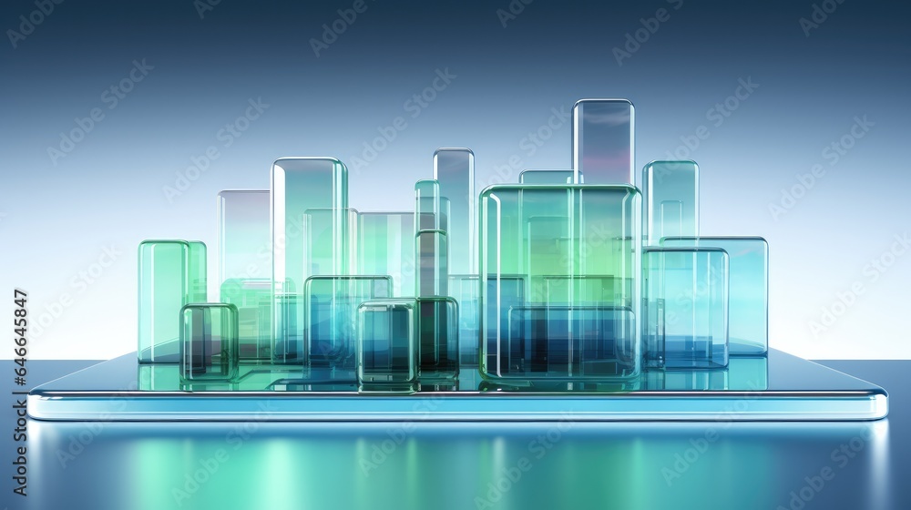 Aufkleber translucent geometric shapes, display pointing towards screen. 3d rendering.