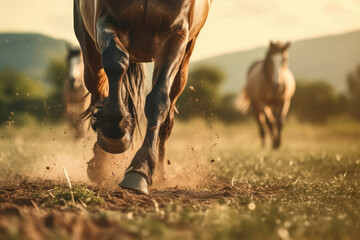 Obraz premium Close-up of legs of a running horse in the field
