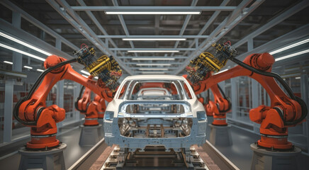 Many robotic arms doing welding on car metal body in manufacturing plant, Cars on production line in smart factory.