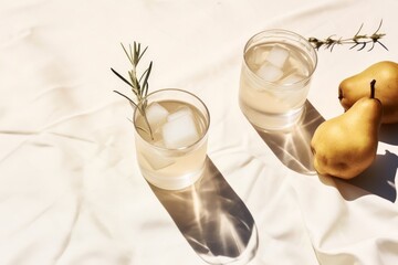 Summer stationery still life scene. Glasses of water, rosemary herb, cut pears fruit and ice cubes. Beige table background in sunlight. Vacation refreshment concept. Long harsh shadows. Generative AI - obrazy, fototapety, plakaty