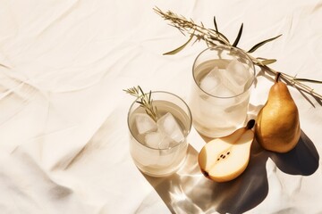 Summer stationery still life scene. Glasses of water, rosemary herb, cut pears fruit and ice cubes. Beige table background in sunlight. Vacation refreshment concept. Long harsh shadows. Generative AI - Powered by Adobe