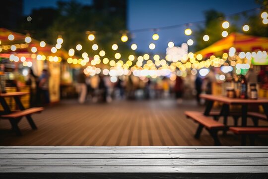 Image of wooden table in front of decorative outdoor string lights bulb in night market with blur people, Festival and holiday concepts, can used for display or montage your, Generative AI