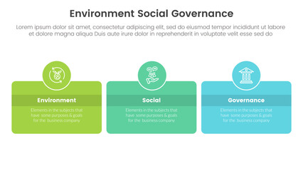 esg environmental social and governance infographic 3 point stage template with box and circle badge horizontal concept for slide presentation