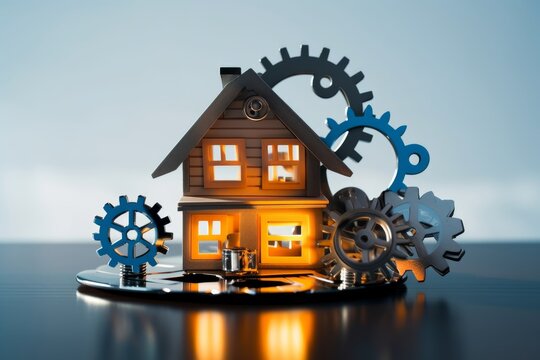 Wooden house model and real estate insurance ideas, and small shield icon. Housing insurance against impending loss and fire, building fire insurance, Generative AI