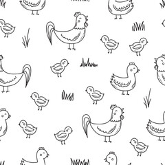 Fototapeta premium Seamless pattern with chiken, rooster and chick. Cute cartoon characters. Animal print.