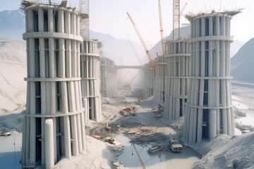 Gigantic large bridge construction site, Lots of high concrete pillars.