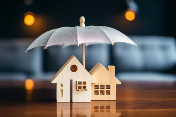 Fotobehang Model of umbrella with house on wooden table concept of the system of insurance savings and Housing insurance against impending loss and fire, building fire insurance, Generative AI © Design Dynasty