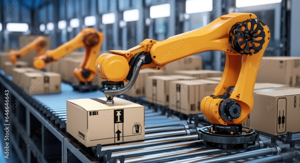 Poster Smart Warehouse With Robot Arm Putting Cardboard Boxes.