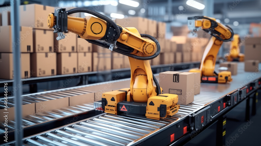 Poster smart warehouse with robot arm putting cardboard boxes.