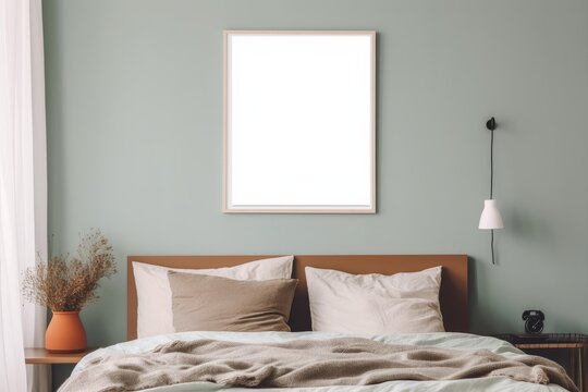 Portrait black picture frame mockup on sage green wall. Bedroom view through open white door. Grey linen and rusty muslin pillows on wooden bed. Scandinavian interior. Ceramic vase, Generative AI