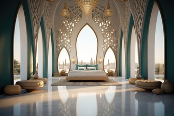 Naklejka premium Bedroom, Modern architecture and Islamic ornates boho style as accent wall building with light.