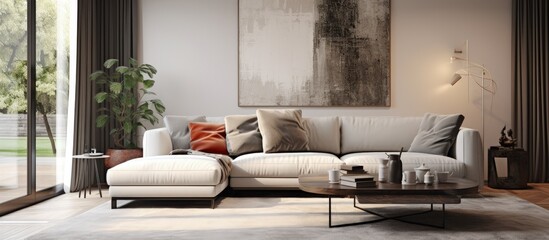 Living room with grey sofa and modern rug.