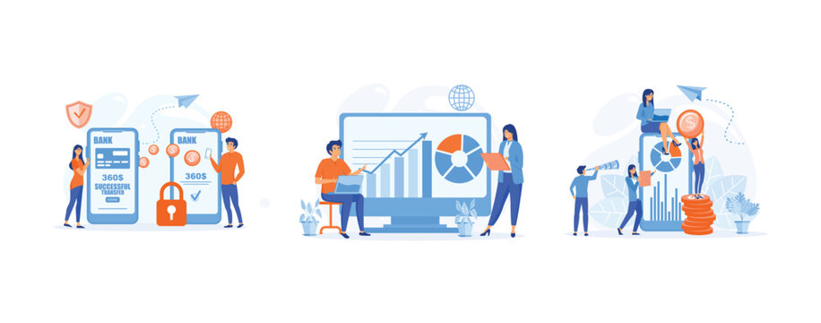 Successful Contact Less Payment Transaction. Analyzes Bank Data. Pos-terminal And Payment Systems, Set Flat Vector Modern Illustration