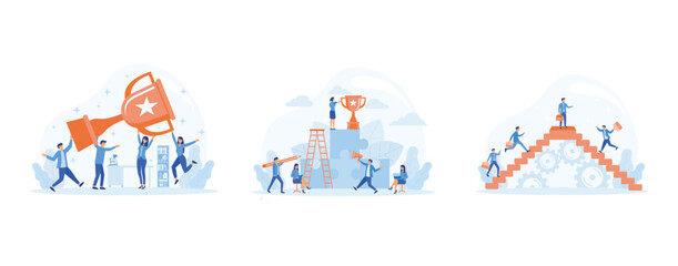 Fototapeta na wymiar Business concept. success of teamwork, People working on their role.people celebrate success achievment, Success. Way up. set flat vector modern illustration
