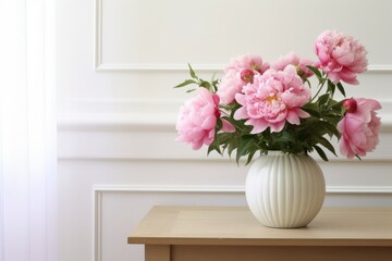 Beautiful floral bouquet. Vase with pink peonies flowers on ooden table, desk. White wall background with elegant moulding. Wedding or birthday concept. Elegant interior still life, web, Generative AI