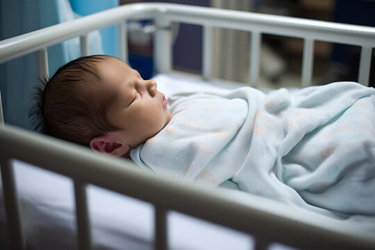 Close up newborn baby sleeping in hospital crib, infant sleeping in bedside bassinet.