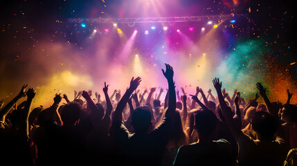Cheering concert crowd with colorful stage light and confetti, silhouette of Large group of people...