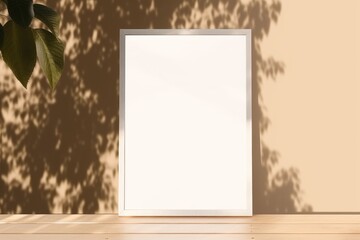 Summer mockup. Blank vertical picture frame hanging on beige wooden wall in sunlight. Dark blurred leaves, tree branches silhouette shadows overlays. Empty poster mock-up for art display. GenerativeAI