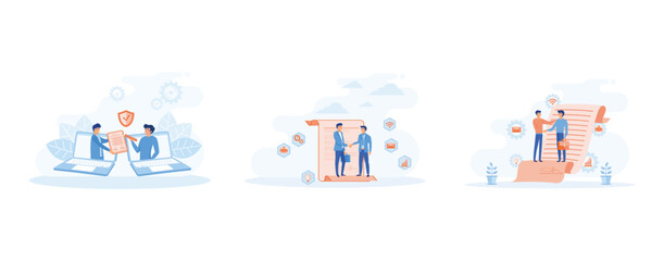 Digital user agreement. People signing paper and digital contract.  people standing on a signed contract. set flat vector modern illustration