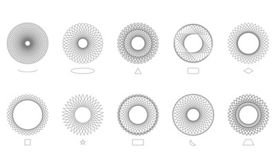 Set of circles spirograph made from spiral geometric shapes. Vector Illustration.