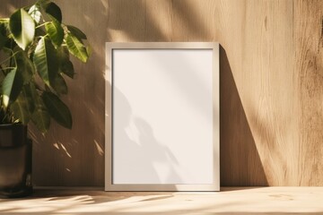 Summer mockup. Blank vertical picture frame hanging on beige wooden wall in sunlight. Dark blurred leaves, tree branches silhouette shadows overlays. Empty poster mock-up for art display. GenerativeAI