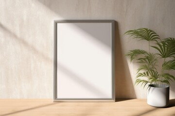 Fototapeta na wymiar Summer mockup. Blank vertical picture frame hanging on beige wooden wall in sunlight. Dark blurred leaves, tree branches silhouette shadows overlays. Empty poster mock-up for art display. GenerativeAI