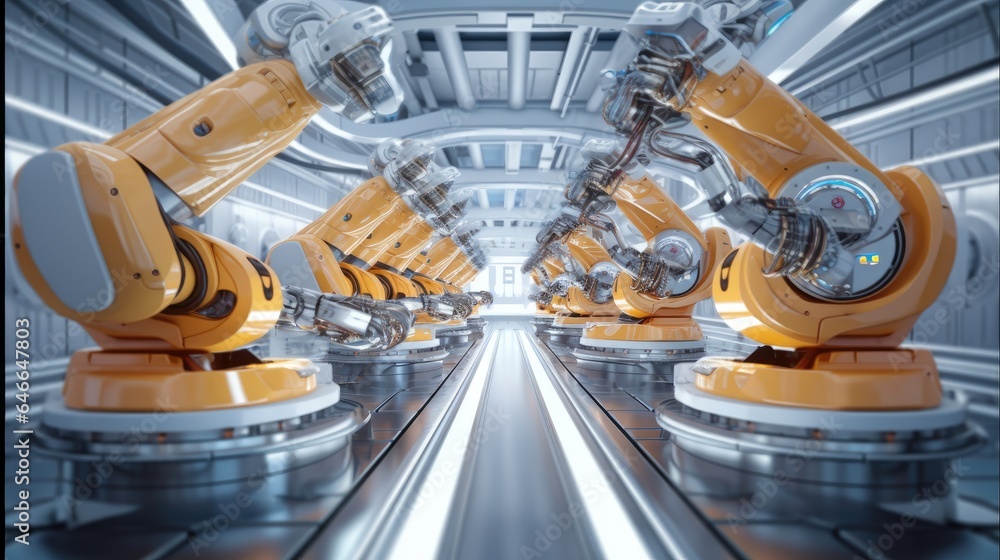 Poster robot workers in factory.