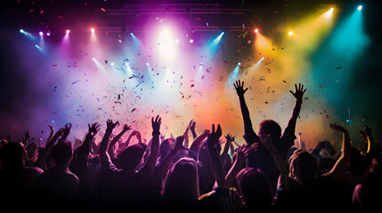 Fototapeta na wymiar Cheering concert crowd with colorful stage light and confetti, silhouette of Large group of people audience at live music festival