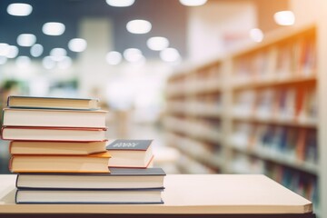 Book stack in the library room and blurred bookshelf background for business, education and back to school concept, Generative AI