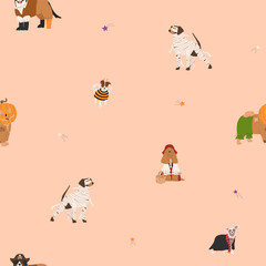 Obraz na płótnie Canvas Halloween seamless pattern with dogs in cute halloween costumes. Bee, pirate, mummy and scarecrow. Trick or treat. Happy Halloween vector illustration. Ideal for holiday cards, decorations and gift