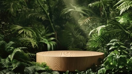 Wooden product display podium in jungle forest background, Product presentation theme.