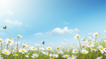 Meadow with daisy flowers, butterfly, blue sky, summer or spring background