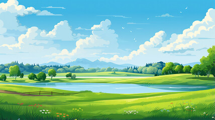 Summer landscape, green meadow and lake