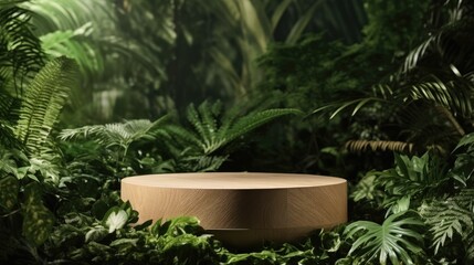 Wooden product display podium in jungle forest background, Product presentation theme.