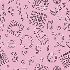 Seamless pattern with contraceptives. Vector illustration. Flat style. Medical print. Pattern with pill condoms.