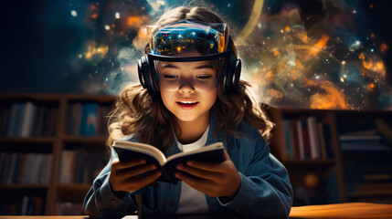 Education Enhancing learning concept , School children in science class learning by VR glasses digital , Educational 3D virtual reality experience