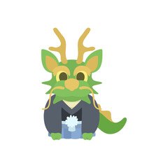 挨拶する袴を着た龍。フラットなベクターイラスト。
A dragon in a hakama bowing in greeting. Flat designed vector illustration.