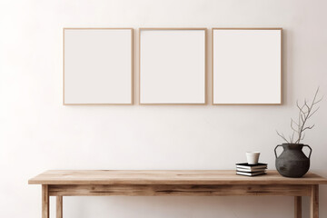 Set of black portrait picture frame mockups. Wall art gallery. Cup of coffee on pile of books on old wooden bench, table. White wall background. Scandinavian interior, neutral color, Generative AI