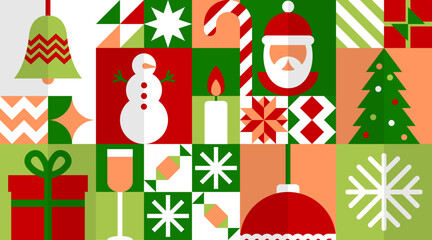 Christmas, New Year modern geometric pattern background, vector winter holiday. Christmas abstract pattern ornament with New Year decoration tile of Christmas tree, Santa and gift in geometric pattern