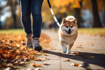 Close up photo of young woman walking with shiba inu dog in public park bonding together morning