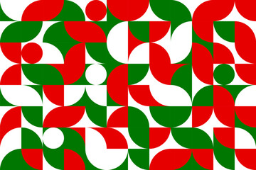 Christmas modern geometric pattern background. Green, red and white circle grid vector ornament for Xmas winter holidays backdrop. Bauhaus pattern with abstract geometric motif, Christmas decoration