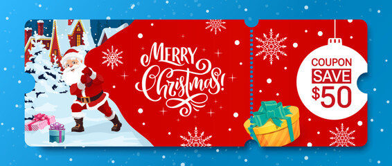 Christmas voucher with coupon, vector Xmas ticket template, sale, discount gift card or certificate with cartoon Santa Claus pull huge bag with presents. Holiday cheque for seasonal promotional events