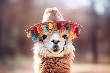 Fototapeta premium Portrait of an alpaca wearing hat