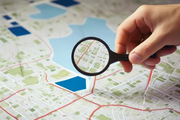 Fotobehang Man holding magnifier on cadastre map search for assesses to buy the land lands. real estate concept with vacant land for building construction and housing subdivision for sale, rent, Generative AI © Design Dynasty