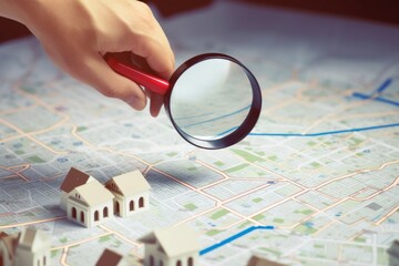Man holding magnifier on cadastre map search for assesses to buy the land lands. real estate concept with vacant land for building construction and housing subdivision for sale, rent, Generative AI - obrazy, fototapety, plakaty