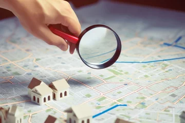 Foto op Canvas Man holding magnifier on cadastre map search for assesses to buy the land lands. real estate concept with vacant land for building construction and housing subdivision for sale, rent, Generative AI © Design Dynasty